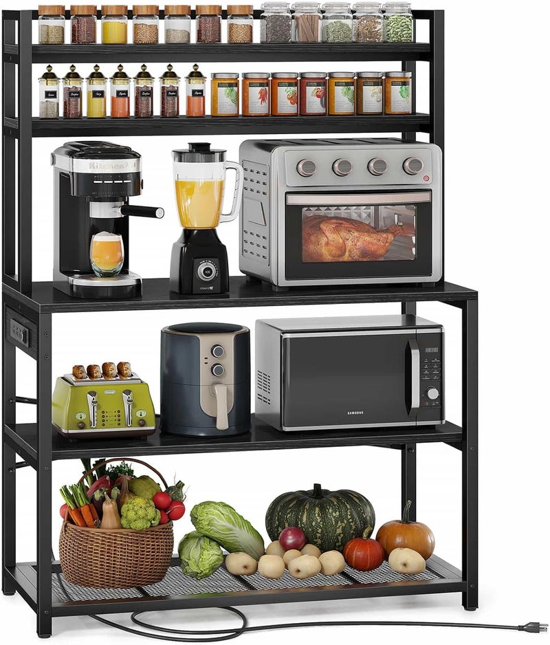 Denkee Large Bakers Rack with Power Outlets, 38 Inch Microwave Stand with Storage, 5-Tier Coffee Bar Stand, Industrial Kitchen Shelf Rack, Charcoal Black - Image 1